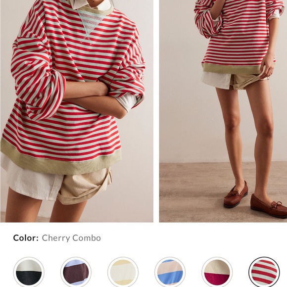 We The Free Tops - We The Free Striped Cream and Brown Sweatshirt with Red Trim